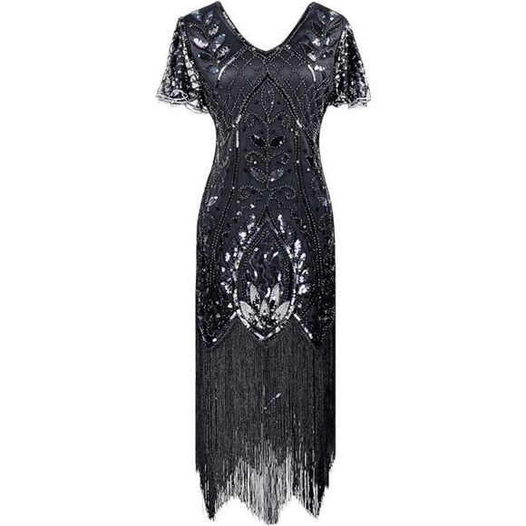 ✨ Flapper Great Gatsby 1920s Retro Tassel Fringe Sequin Midi Black Dress XL NEW - Picture 1 of 13